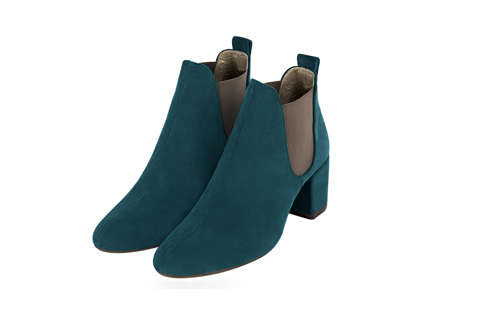 Peacock blue and taupe brown women's ankle boots, with elastics. Round toe. Medium block heels. Front view - Florence KOOIJMAN